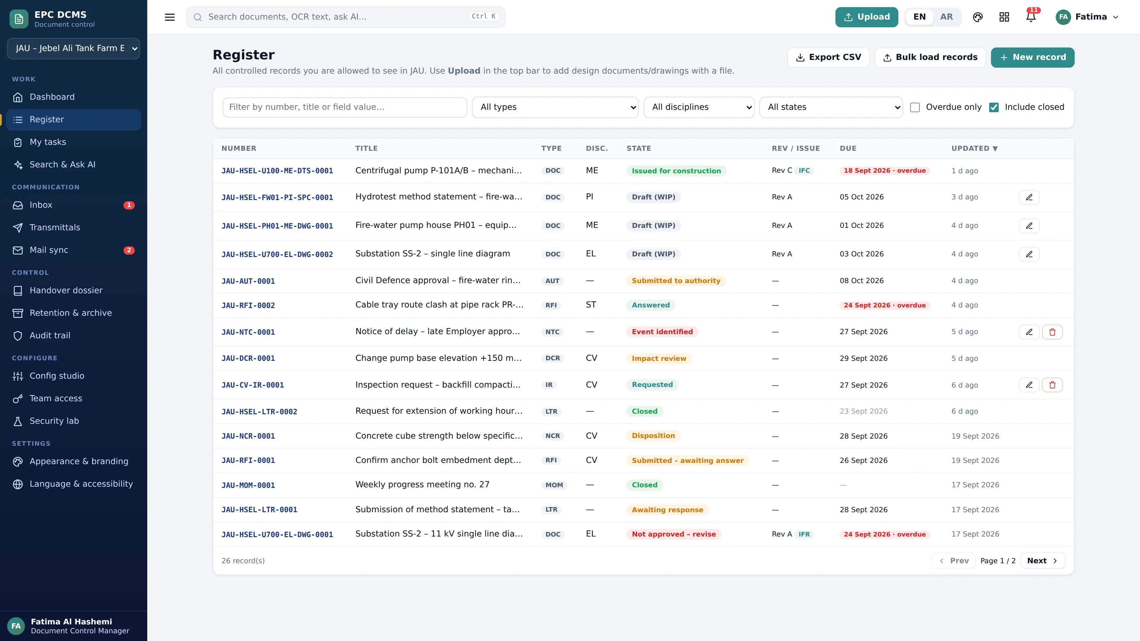 Controlled document register — application screen with demonstration data