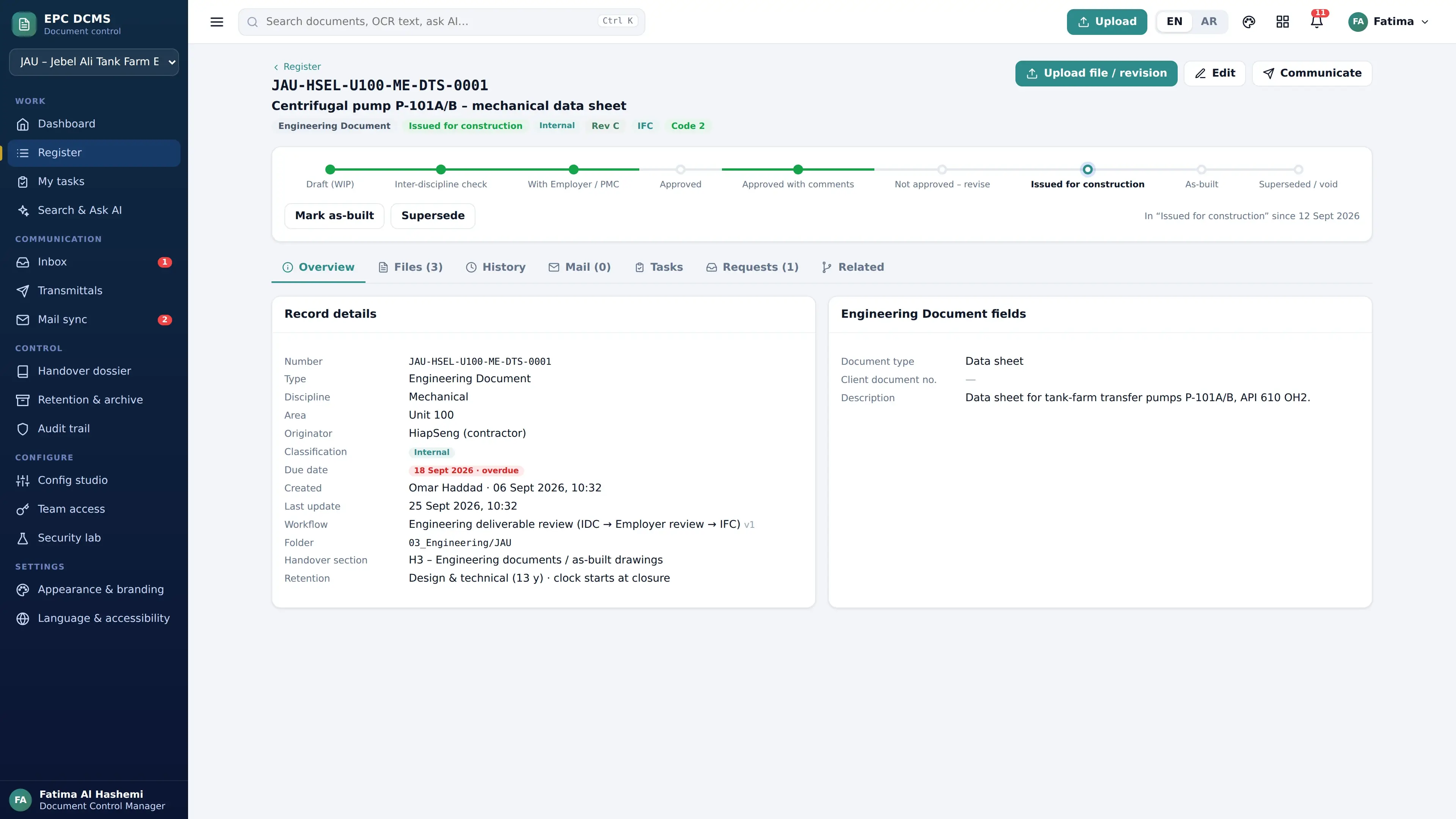 Project-specific workflows — application screen with demonstration data