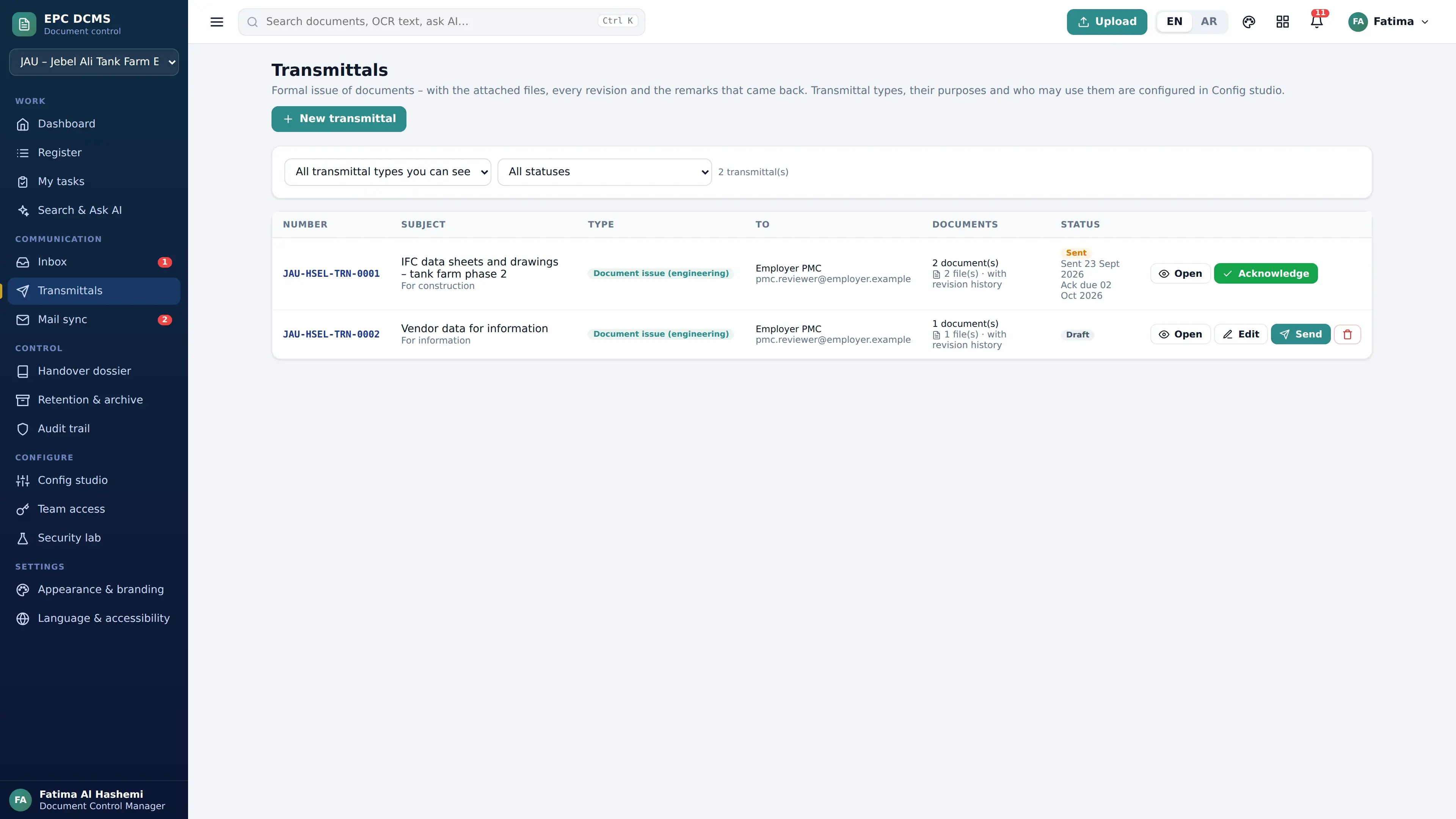 Formal transmittals — application screen with demonstration data