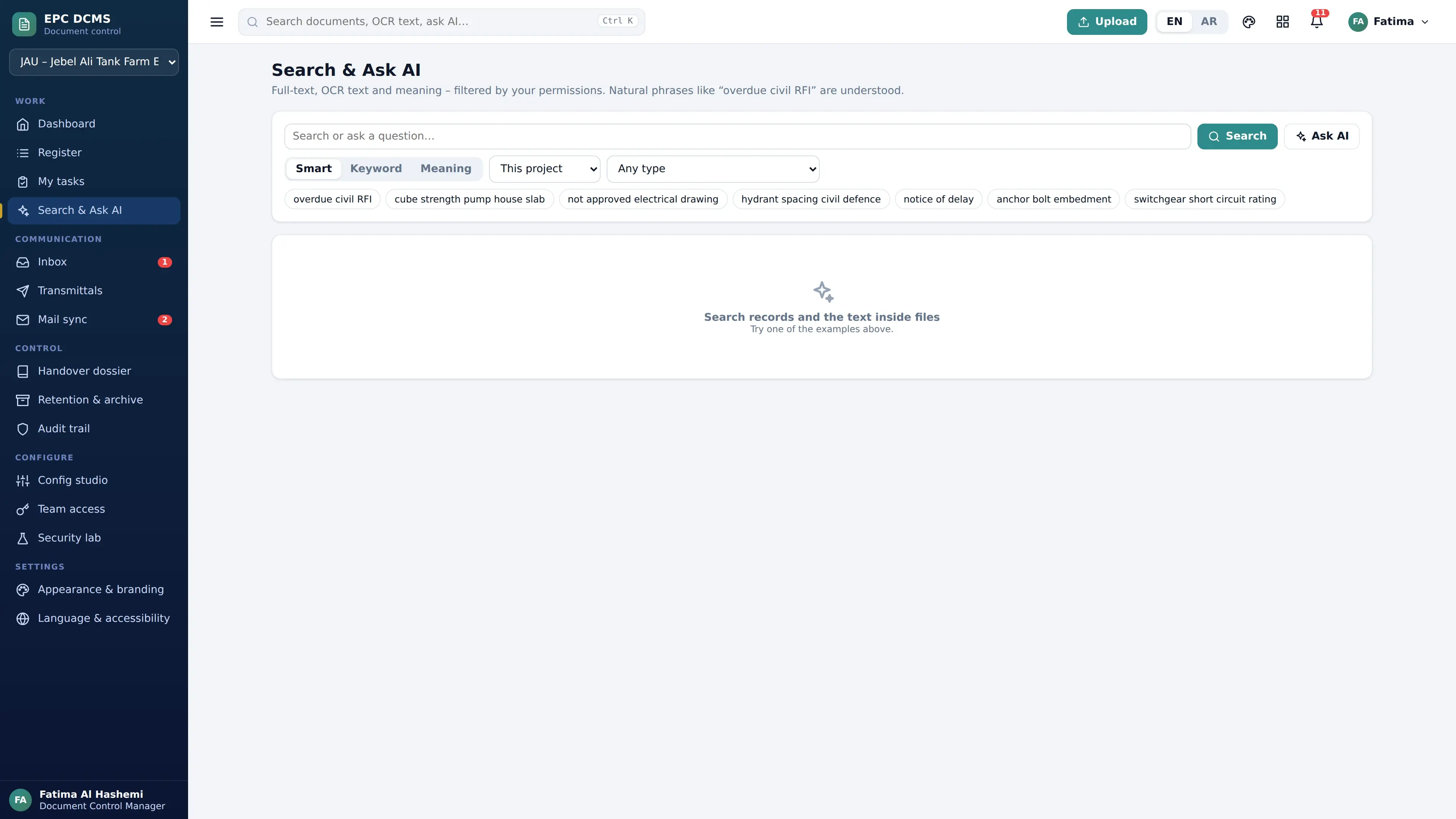 OCR & AI search — application screen with demonstration data