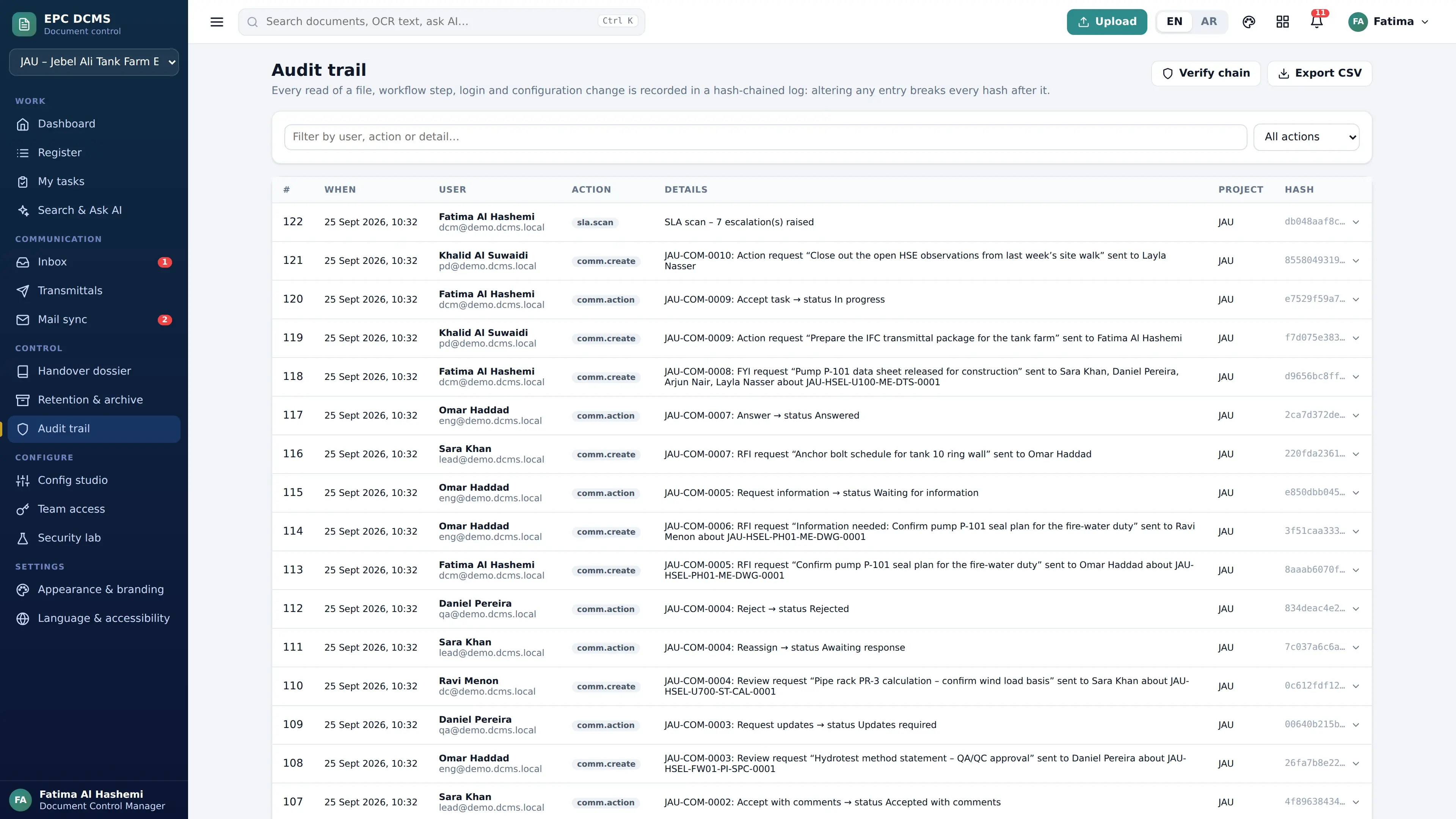Tamper-evident audit history — application screen with demonstration data