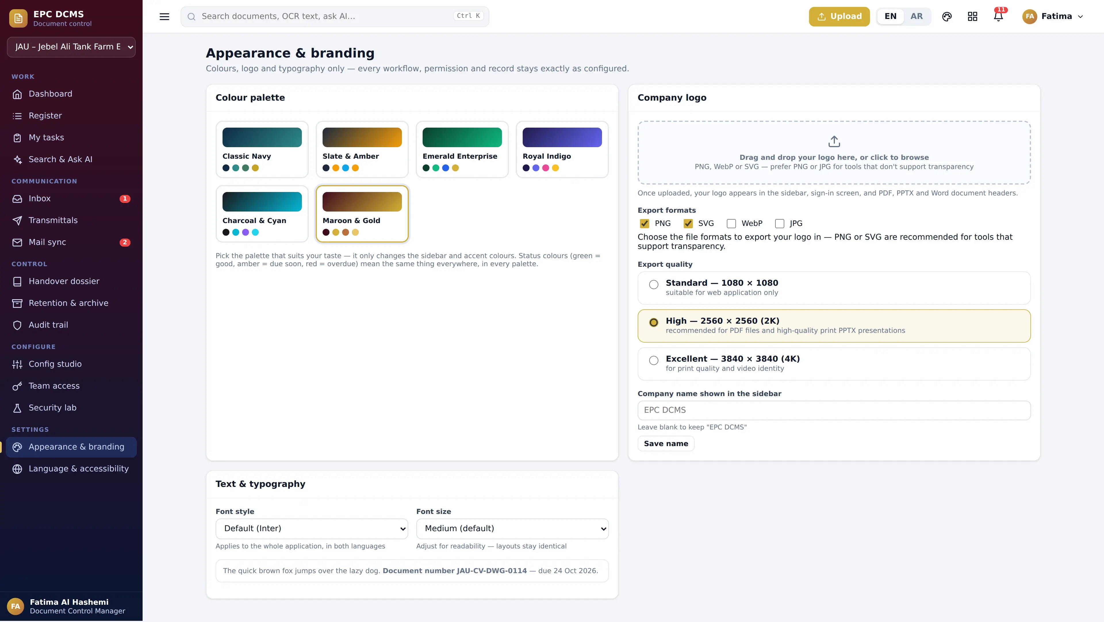 Appearance & branding — application screen with demonstration data