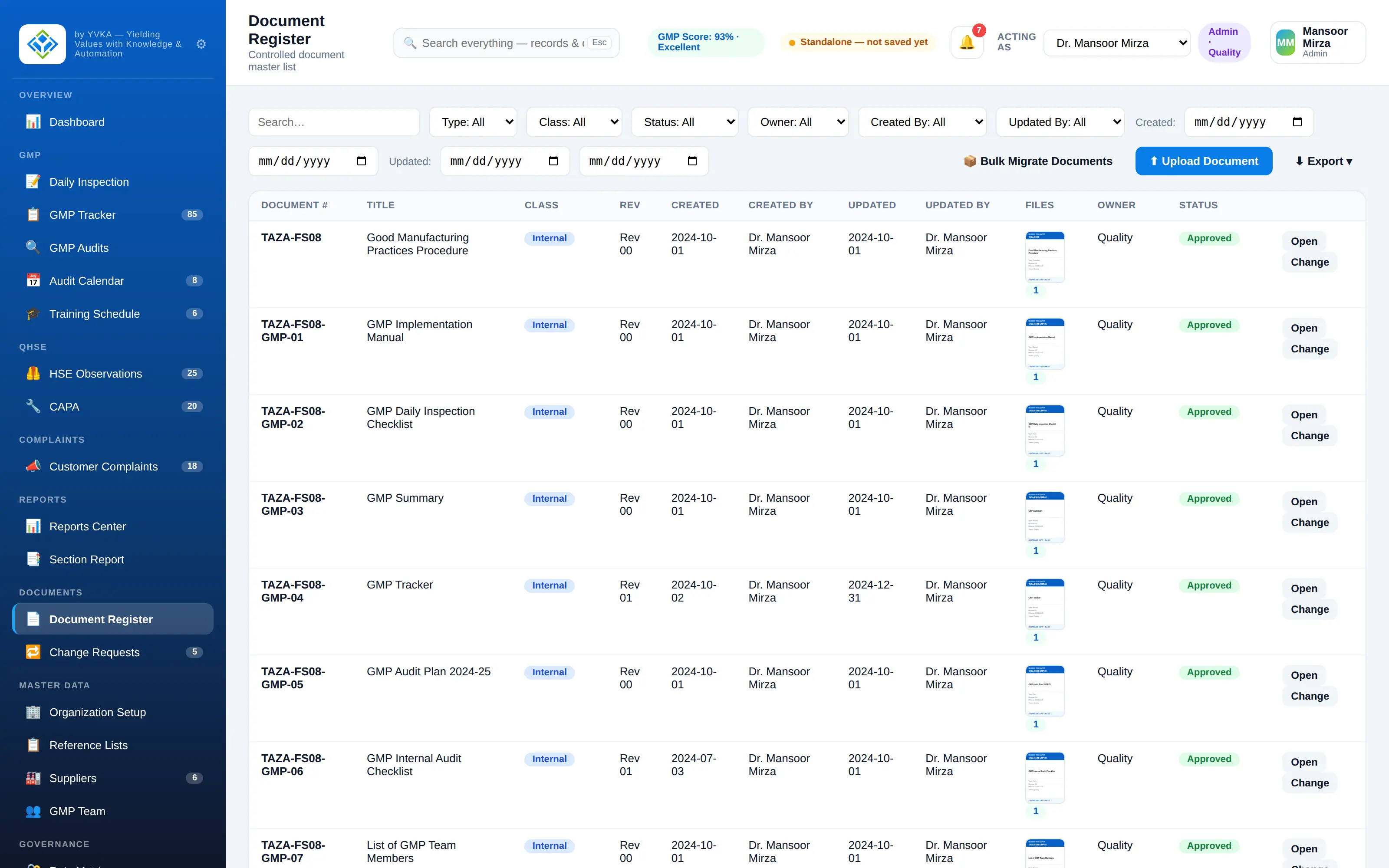 iQHSE Controlled document register — demonstration data
